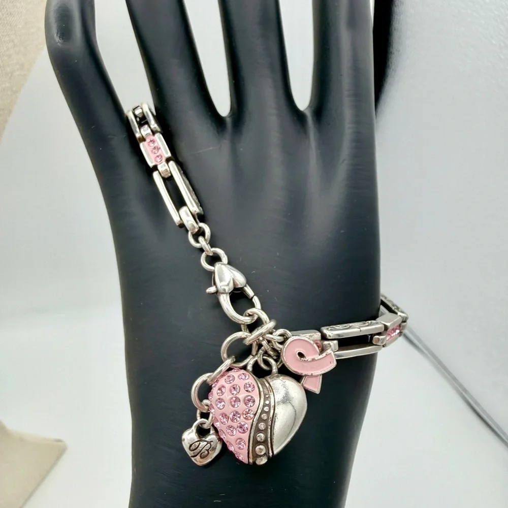 BRIGHTON Pink Ribbon Breast Cancer Awareness Charm Bracelet Silver Crystal Heart